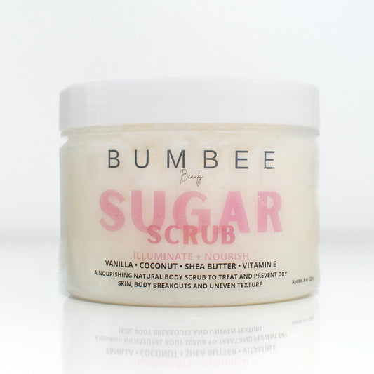 A jar of sugar scrub featuring organic butters and natural ingredients, promising exfoliation and hydration for smooth and nourished skin